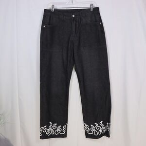Manfinity Flame Embroidered Jeans Mens Medium Black Straight Leg Streetwear